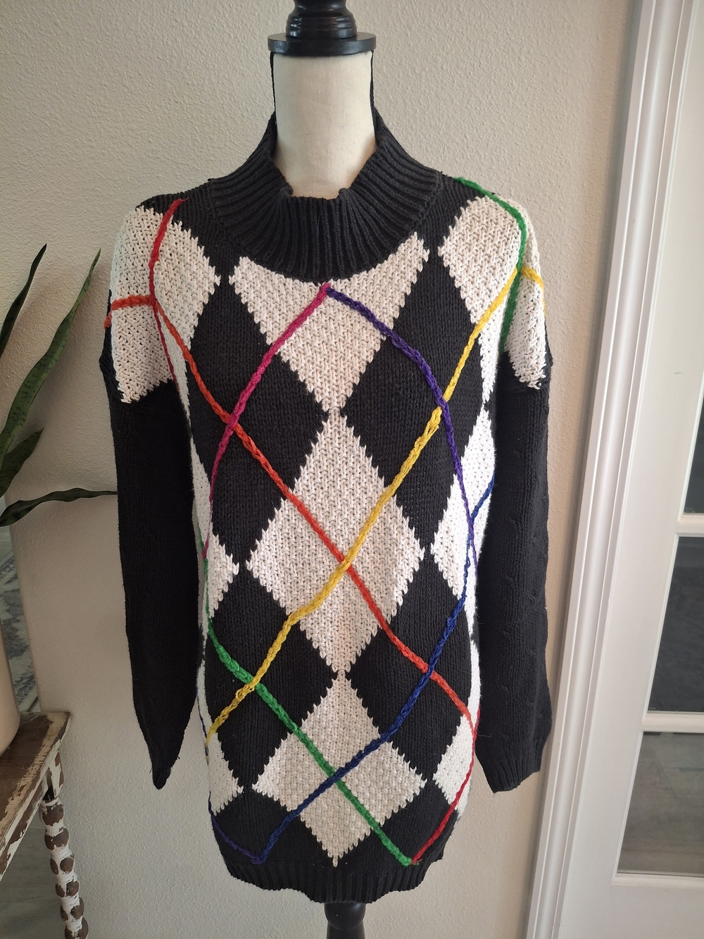 Vintage Black & Cream Argyle Cowl Neck Sweater with Multicolor Trim